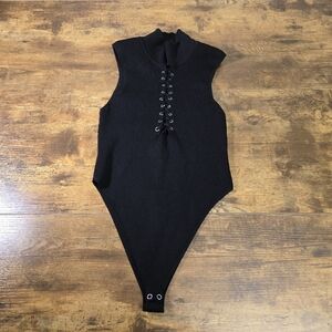 roma knit black shoelace sleeveless ribbed bodysuit women's size large